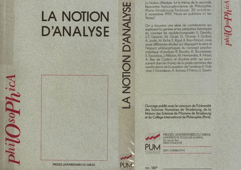 Première et quatrième de couverture des Actes du Colloque franco-péruvien, « La notion d’analyse » Paris-Strasbourg-Toulouse, 30 octobre-6 novembre 1991, PUM, Toulouse, 1992