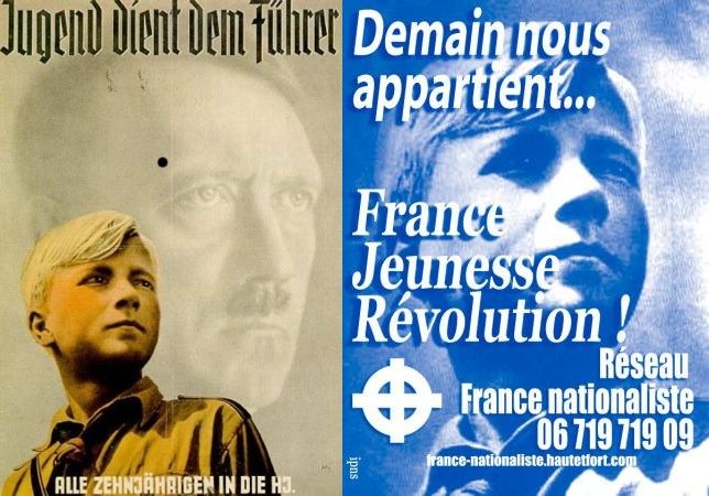 Collage Politproductions de l'affiche de Hein Neuner (1939), légendée &quot;Jugend dient dem Führer&quot;, d'une part, et, d'autre part, de sa copie par le réseau France Nationaliste destinée à promouvoir la jeunesse de France.