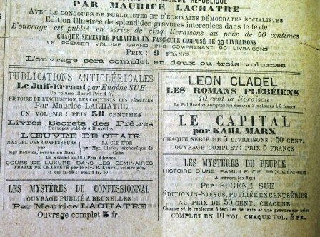 Publicité pour "Le Capital" de Marx (parue dans "Le Drapeau rouge", le "Journal du Peuple" de Michel Morphy) à l'époque de sa vente par livraisons. 