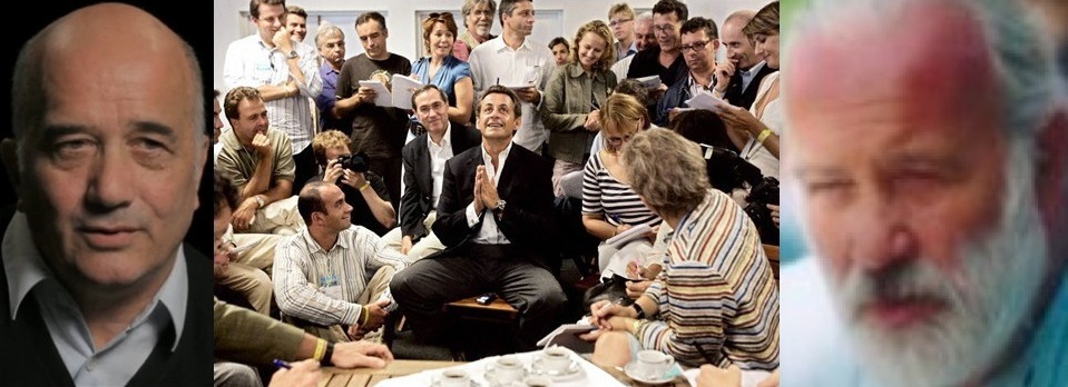 Collage (Politproductions) de photos de N. Sarkozy entouré de journalistes le 02/09/11 à Marseille (AFP-Olivier Laban-Matte) et de Christian Salmon et Olivier Cabanel.