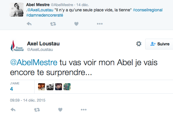 Echange de tweets entre Abel Mestre et Axel Loustau au sujet des régionales de 2015