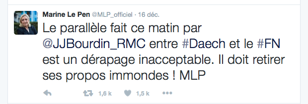 Tweet de Marine Le Pen sur les propos de Jean-Jacques Bourdin au sujet de Daech et du FN le 16/12/15.